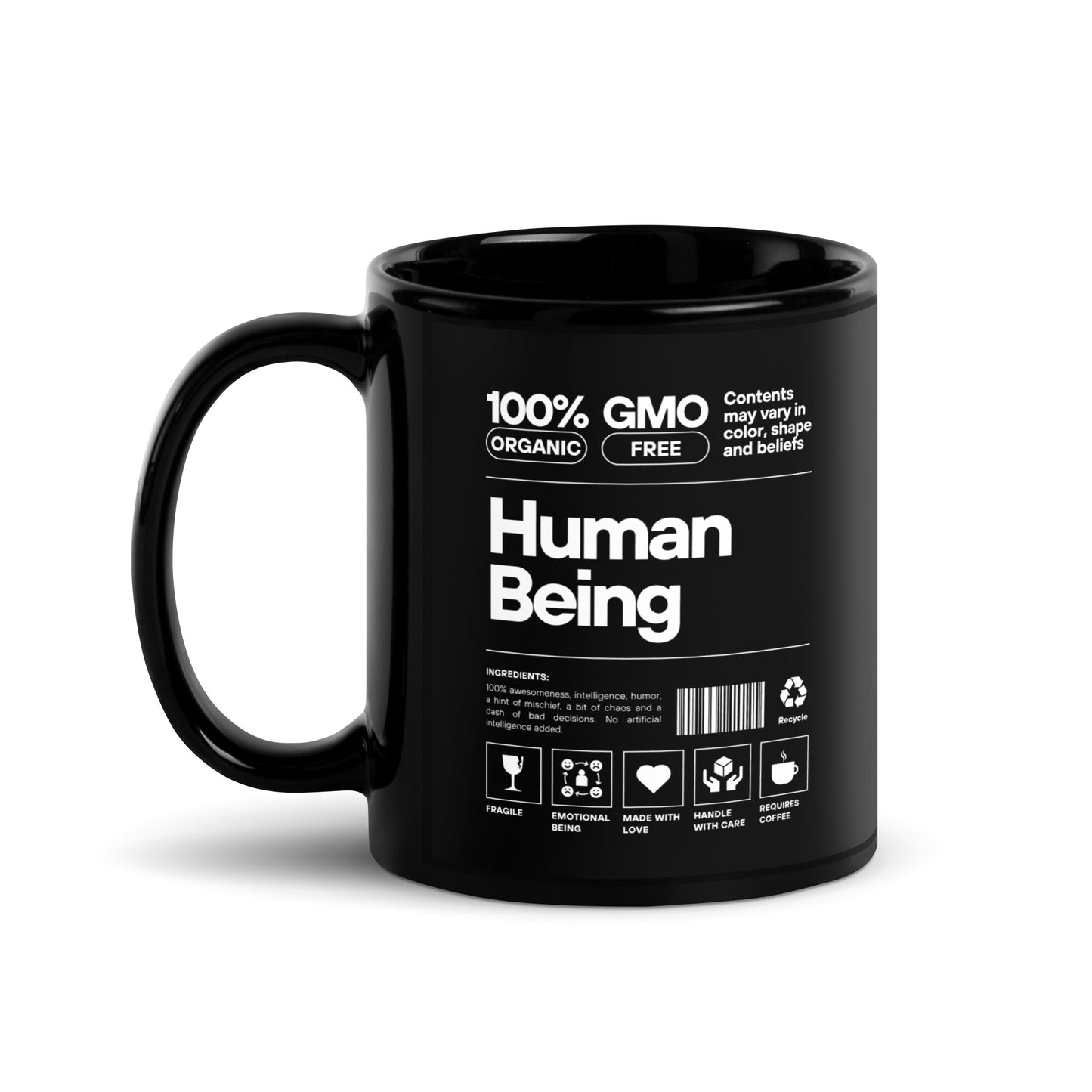 Human Being (White Font) - Black Glossy Mug