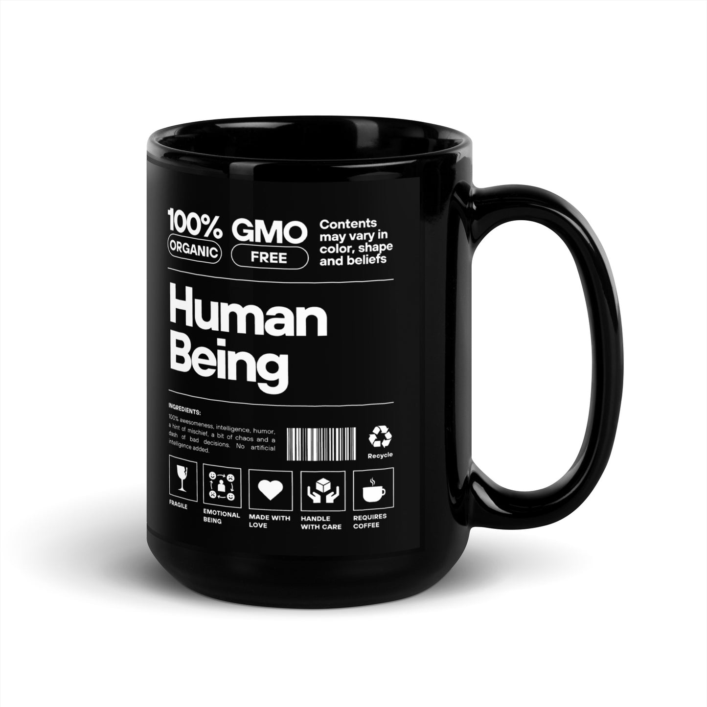 Human Being (White Font) - Black Glossy Mug