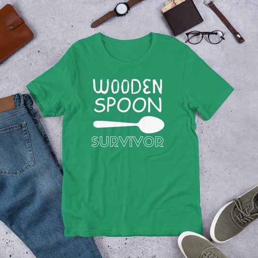 Wooden Spoon Survivor - Unisex Tee (White Font)