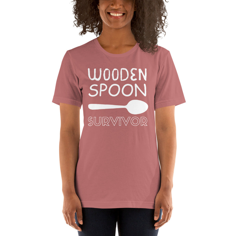 Wooden Spoon Survivor - Unisex Tee (White Font)